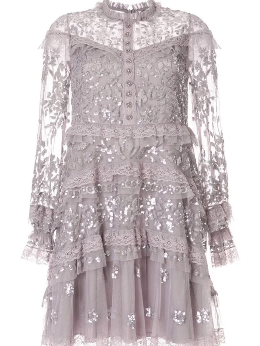 Needle & Thread Lilac Sequin Lace Tiered Long Sleeve Dress
